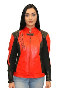 Ladies Red/Black Embroidered Motorcycle Leather Jacket