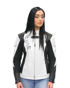 Ladies White/Black Embroidered Motorcycle Leather Jacket