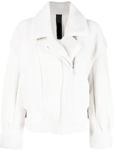 Women White Shearling Biker Trim Leather Jacket