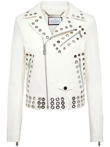 Women White Eyelet-Embellished Leather Biker Jacket