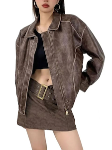 Womens Distressed Faux Motorcycle Oversized Jacket