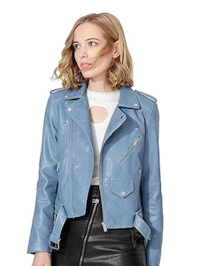 Womens Textured Moto Blue Leather Jacket