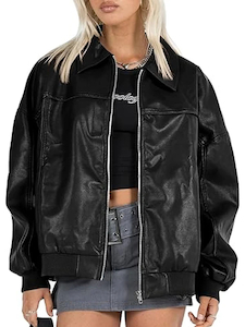 Womens Black Oversized Moto Leather Jacket