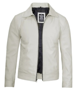 Mens Shirt Collar Off White Leather Jacket