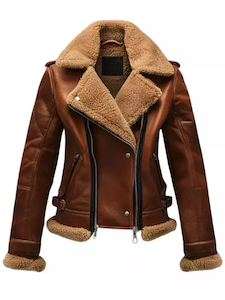 Women Shearling Biker Brown Leather Jacket