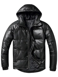 Mens Hooded Black Leather Puffer Jacket