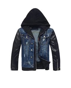 Men`s Hooded Leather Denim Jacket