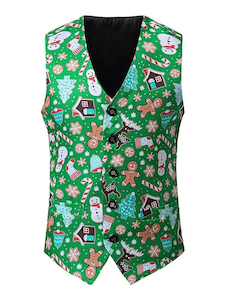 Leather clothing: Mens Snowflake Tree Graphic Snowman Christmas Vest