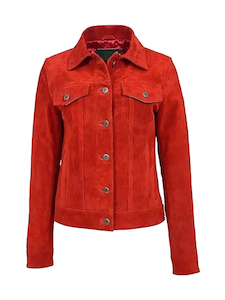 Womens Red Stylish Suede Trucker Jacket