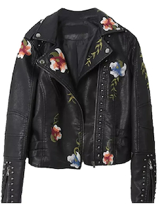 Womens Biker Style Flower Embroidered Leather Jacket