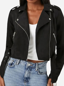 Womens Cropped Moto Suede Leather Jacket