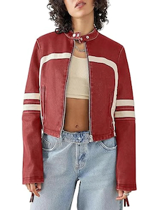 Womens Stand Collar Cropped Red Leather Jacket