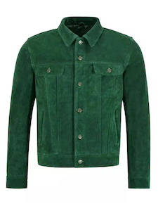 Mens Trucker Green Suede Leather Jacket