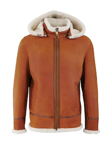 Leather clothing: Mens Winston Hooded Shearling Cognac Leather Jacket