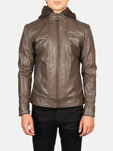 Mens Hooded Cheetah Brown Leather Jacket