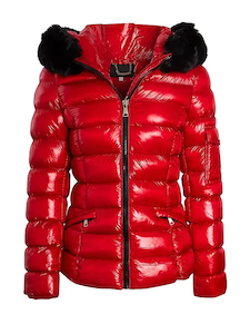 Womens Patent Style Red Puffer Fur Hooded Jacket