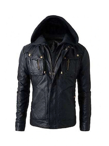 Mens Hooded Black Biker Leather Jacket