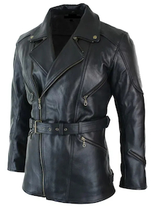 Mens Long Biker Black Leather Jacket