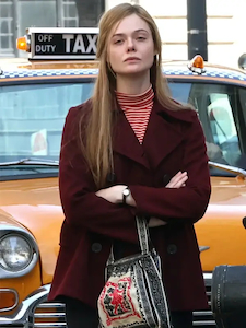 A Complete Unknown Elle Fanning Maroon Coat