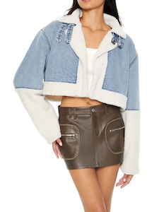 Leather clothing: Faux Shearling Denim Moto Jacket