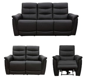 Furniture: Lisbon Leather 3 Piece Electric Recliner Sofa Set - Black