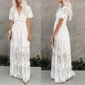 Women's Boho Maxi Dress - White Lace