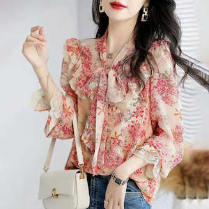 Women Clothing: Summer Fashion Elegant Bow Lace Floral Blouse - Printed Blouse