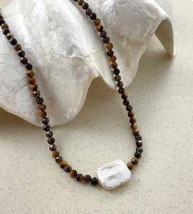 Twilight Tigers Eye + Pearl Necklace