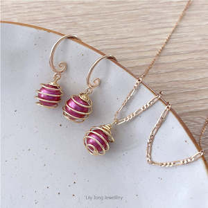 Spiral Caged Pearl Pendant Necklace & Earrings #0713 Red Violet