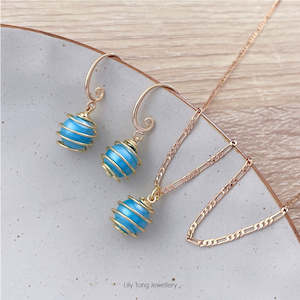 Spiral Caged Pearl Pendant Necklace & Earrings #0710 Sky Blue