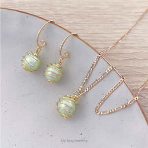 Spiral Caged Pearl Pendant Necklace & Earrings #0709 Mint Green