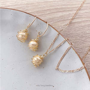 Spiral Caged Pearl Pendant Necklace & Earrings #0703 Light Apricot