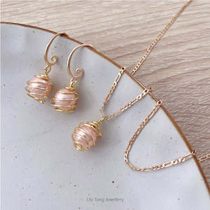 Spiral Caged Pearl Pendant Necklace & Earrings #0701 Baby Pink