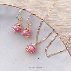 Spiral Caged Pearl Pendant Necklace & Earrings #0700 Pink