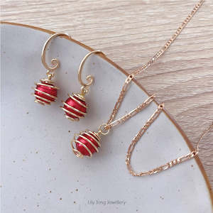 Spiral Caged Pearl Pendant Necklace & Earrings #0698 Deep Red