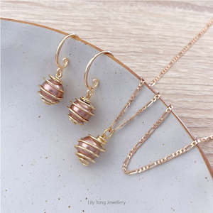 Spiral Caged Pearl Pendant Necklace & Earrings #0696 Light Brown