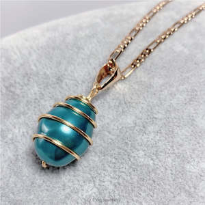 Gold-Filled Spiral Caged Shell Pearl Pendant Necklace (Ocean Blue)