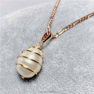 Gold-Filled Spiral Caged Shell Pearl Pendant Necklace (White)