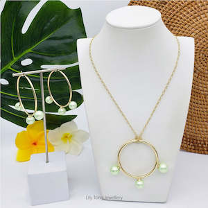 Sets: 50mm Hoop With 3-Pearl Pendant Necklace & Earrings #SW19 Mint Green