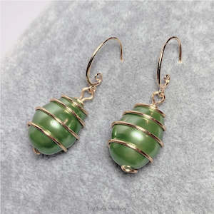 Gold-Filled Spiral Caged Shell Pearl Earrings (Green)