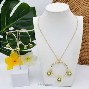 50mm Hoop With 3-Pearl Pendant Necklace & Earrings #SW17 Fresh Green