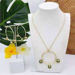 50mm Hoop With 3-Pearl Pendant Necklace & Earrings #SW16 Olive Green