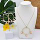 50mm Hoop With 3-Pearl Pendant Necklace & Earrings #SW12 Apricot Pink