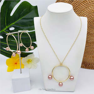 50mm Hoop With 3-Pearl Pendant Necklace & Earrings #SW07 Cream Rosy Brown