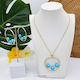 50mm Hoop With 3-Pearl Pendant Necklace & Earrings #SN20 Sky Blue