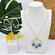 50mm Hoop With 3-Pearl Pendant Necklace & Earrings #SN21 Peacock Blue