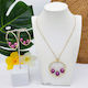 50mm Hoop With 3-Pearl Pendant Necklace & Earrings #SN24 Red Violet