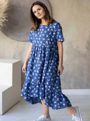 Linen Dress Emma Green Navy Dragonfly Print