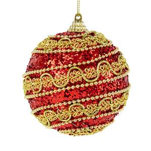 Bauble Hanging Ornament, Red/Gold Trims - 8cm