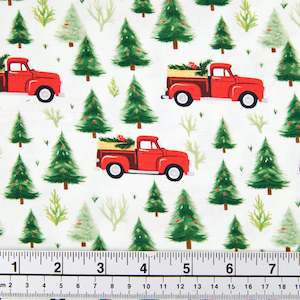 Christmas Cotton Print Fabric, White/Trucks And Trees- Width 112cm